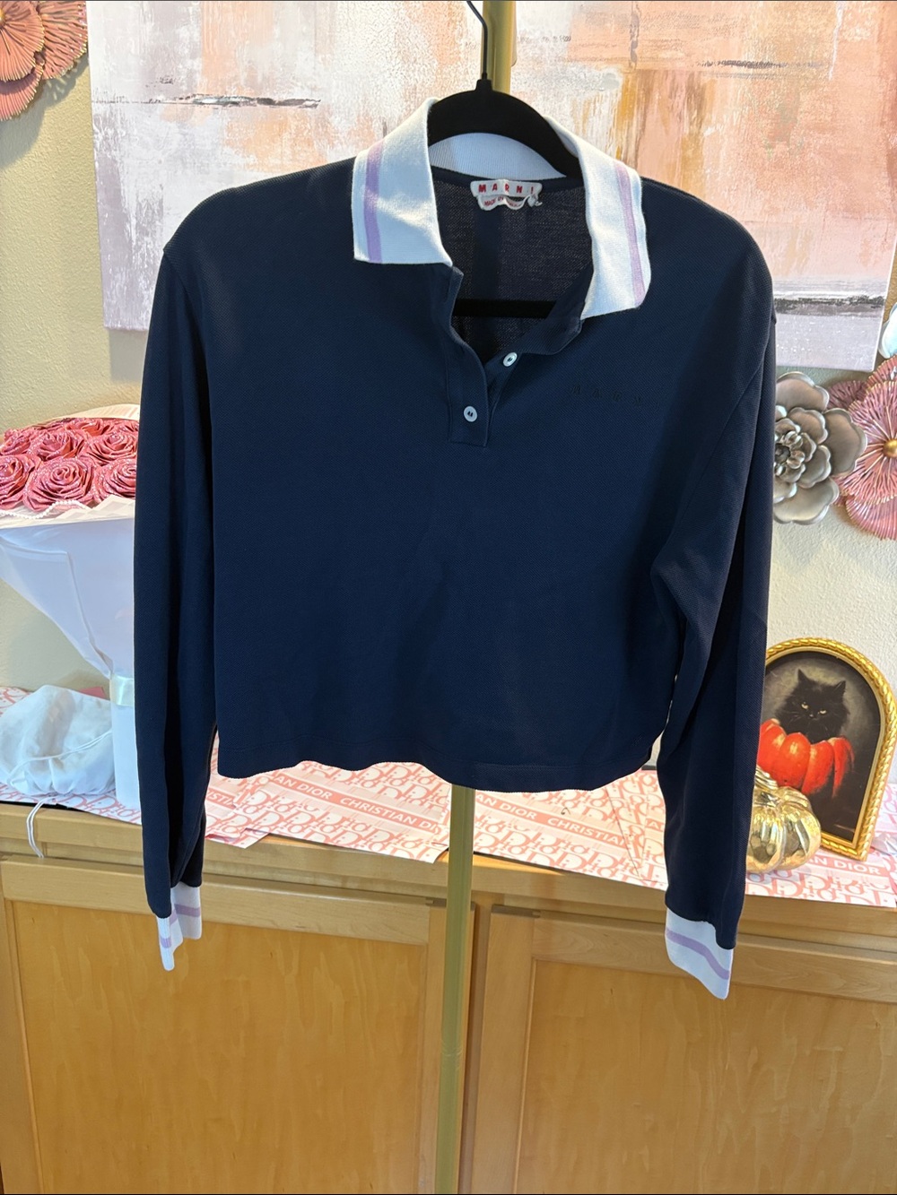 Marni Cropped Knit Long-Sleeve Polo Shirt - Navy Blue Stripe